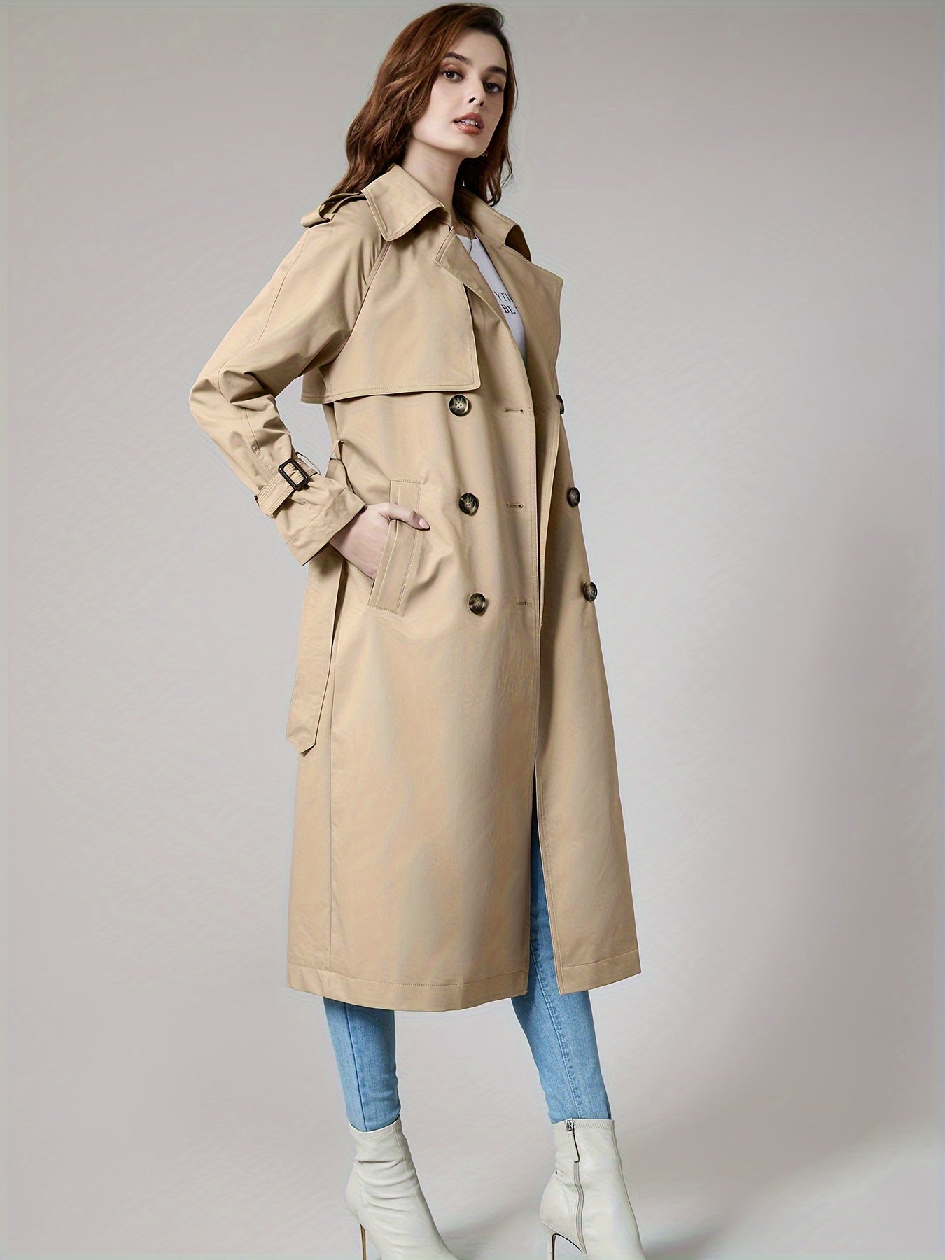 Coatela Dames Lange Dubbel Geknoopte Trenchcoat met Riem – Klassieke Getailleerde Pasvorm