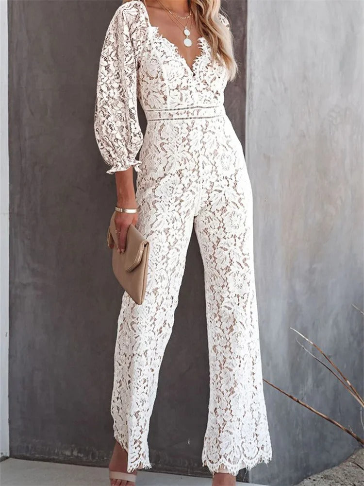 MonAmi® jumpsuit met witte holle bloemenprint v-hals wijde broek