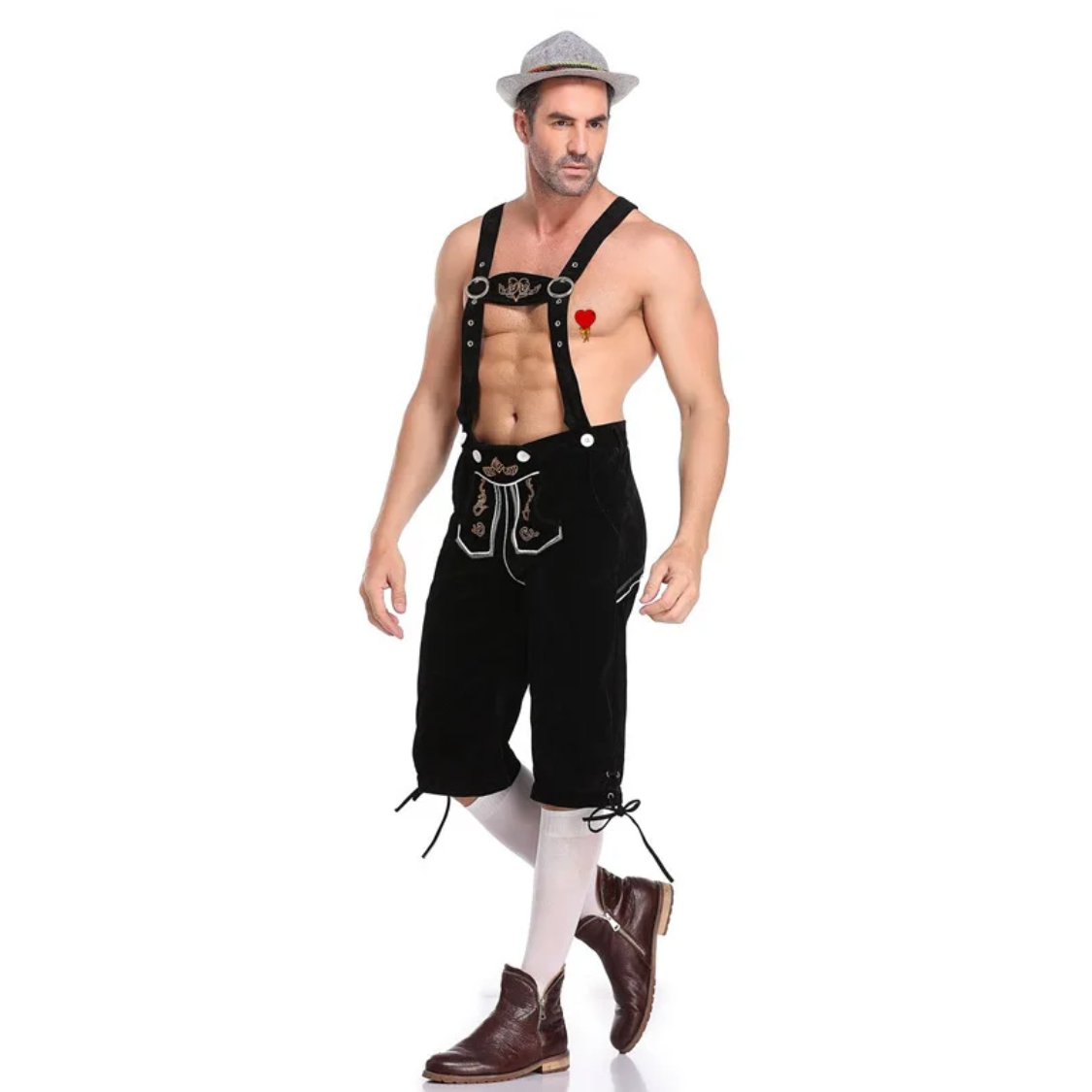 VeldenH - Traditionele Heren Lederhosen Set met Geruit Shirt en Bretels