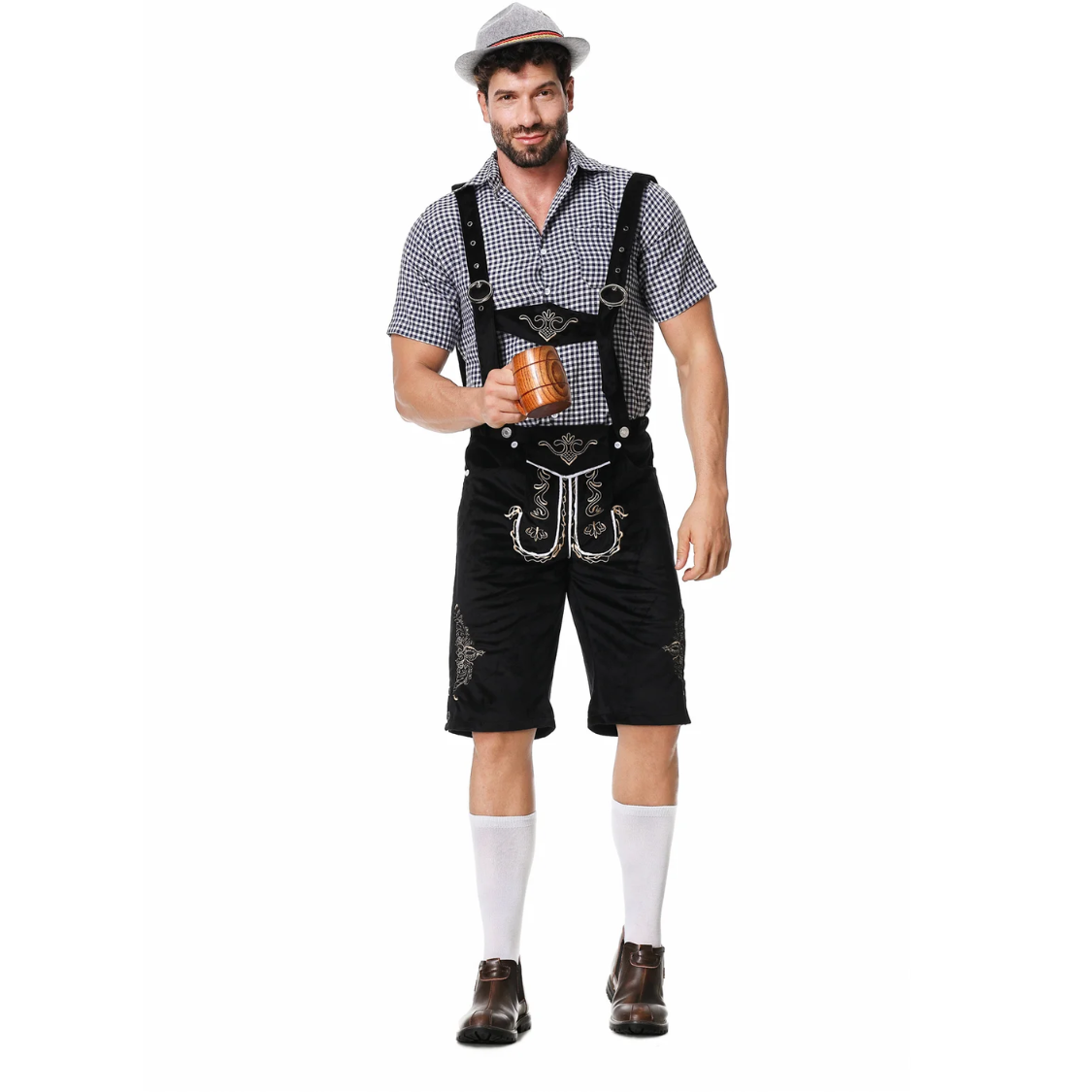 AlpenKr - Set van Heren Lederhosen met Borduursels en Bretels - Feestkleding