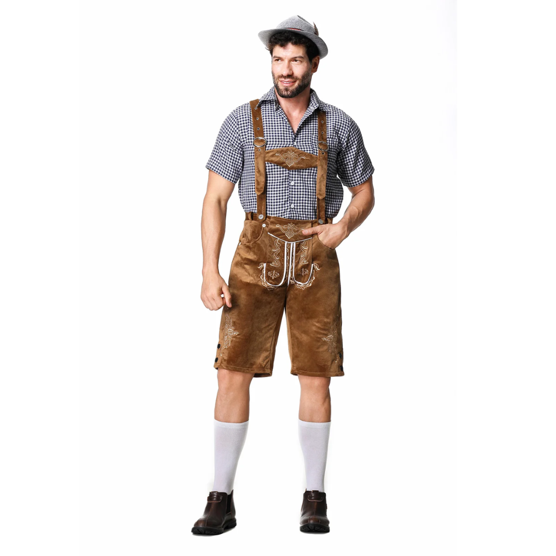 AlpenKr - Set van Heren Lederhosen met Borduursels en Bretels - Feestkleding