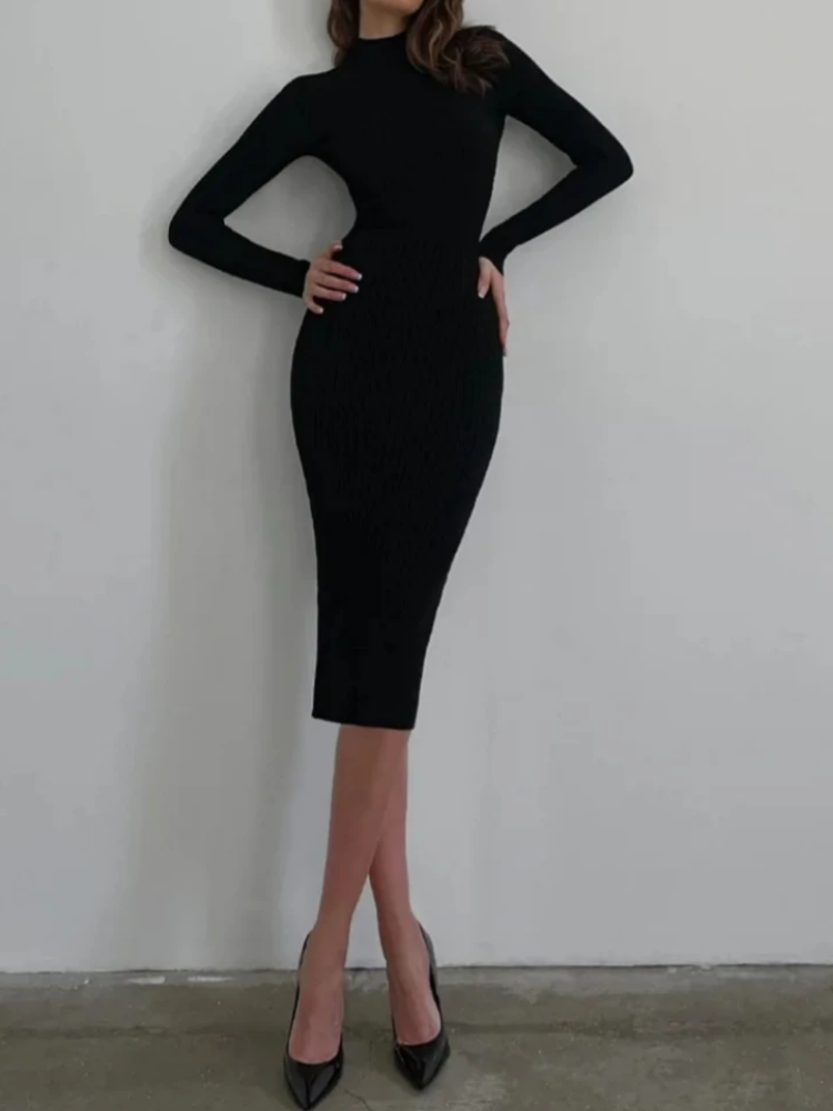 Zachtrok - Ribgebreide Bodycon Jurk met Hoge Hals, Lange Mouwen, Midi Lengte, Gebreide Dames Jurks