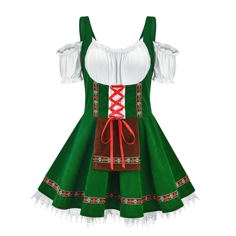 Vindria - Dirndl Dames Jurk met Open Schouders, Vetersluiting en Schort