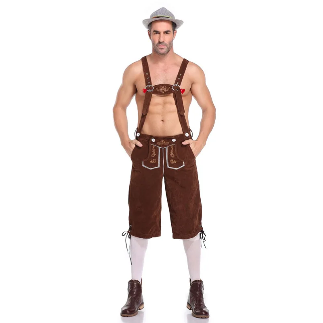 VeldenH - Traditionele Heren Lederhosen Set met Geruit Shirt en Bretels