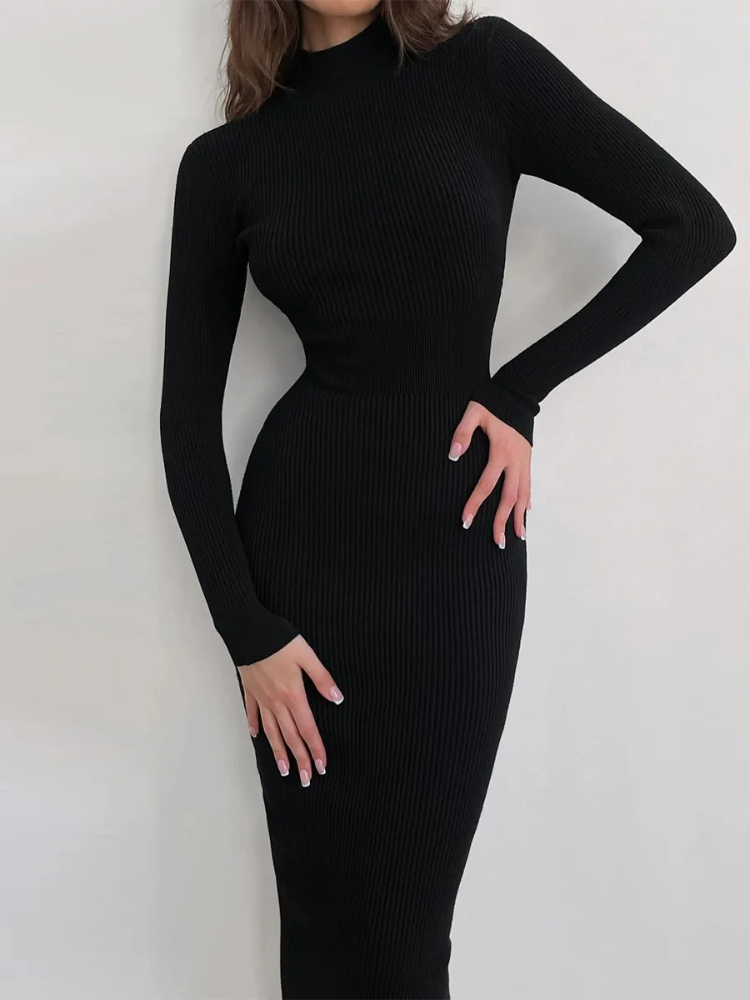 Zachtrok - Ribgebreide Bodycon Jurk met Hoge Hals, Lange Mouwen, Midi Lengte, Gebreide Dames Jurks