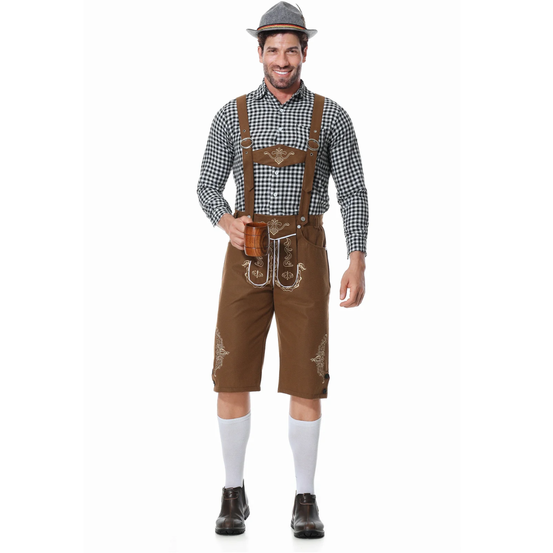 AlpenKr - Set van Heren Lederhosen met Borduursels en Bretels - Feestkleding