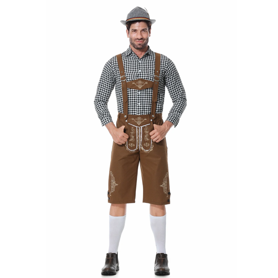 AlpenKr - Set van Heren Lederhosen met Borduursels en Bretels - Feestkleding