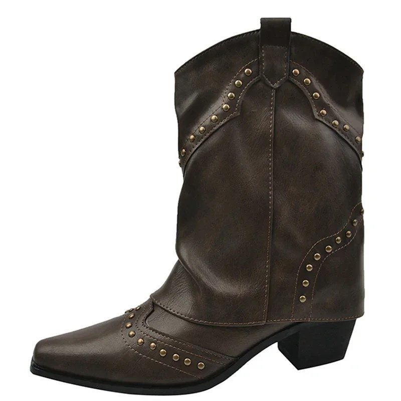 Elegant - Trendy Enkelhoge Western Laarzen met Puntige Neus & Klinknagels - Cowboy Laarzen Dames