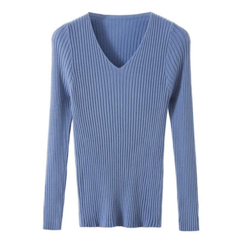 Warmhrt - Slim-Fit Geribde V-Hals Pullover Voor Een Chique Look – Dames Trui