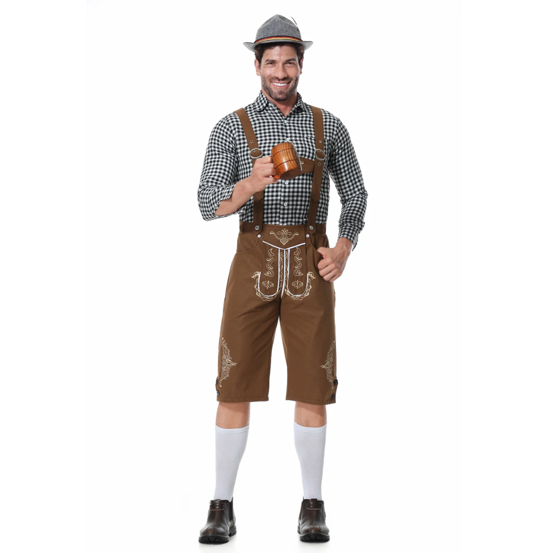 AlpenKr - Set van Heren Lederhosen met Borduursels en Bretels - Feestkleding