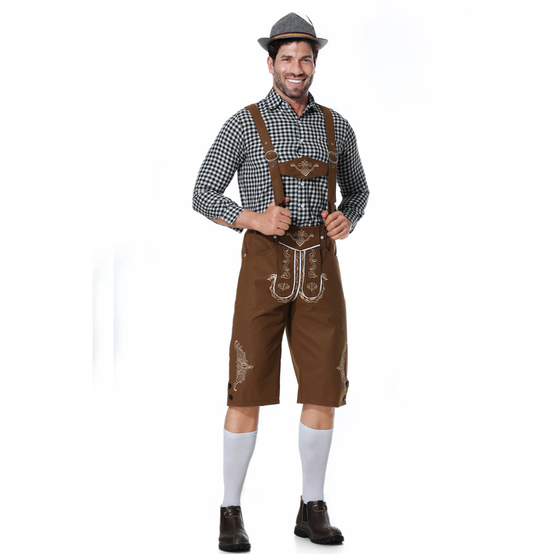 AlpenKr - Set van Heren Lederhosen met Borduursels en Bretels - Feestkleding