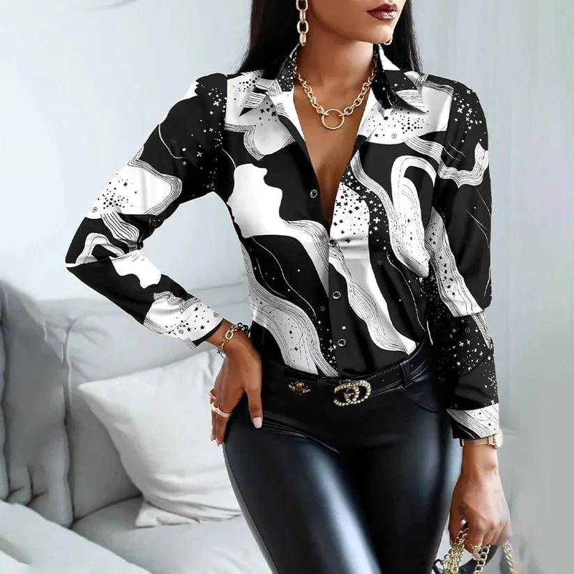 Miralou - Dames Blouse met Abstracte Print, Knoopsluiting, Lange Mouwen, Elegante Stijl