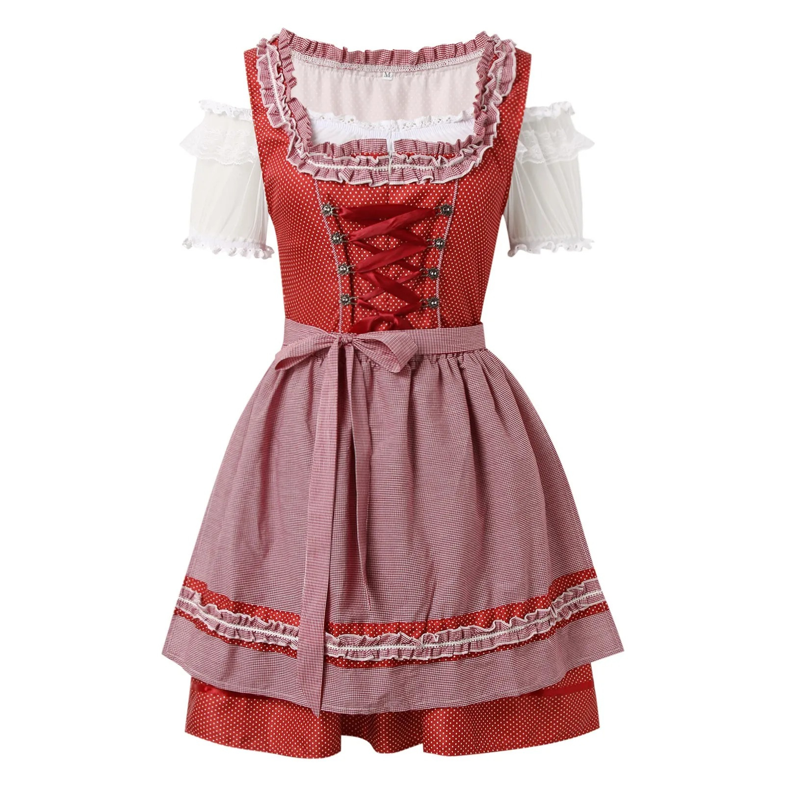 Hirndel - Dirndl Dames Jurk met Geruite Schort, Vetersluiting en Kant