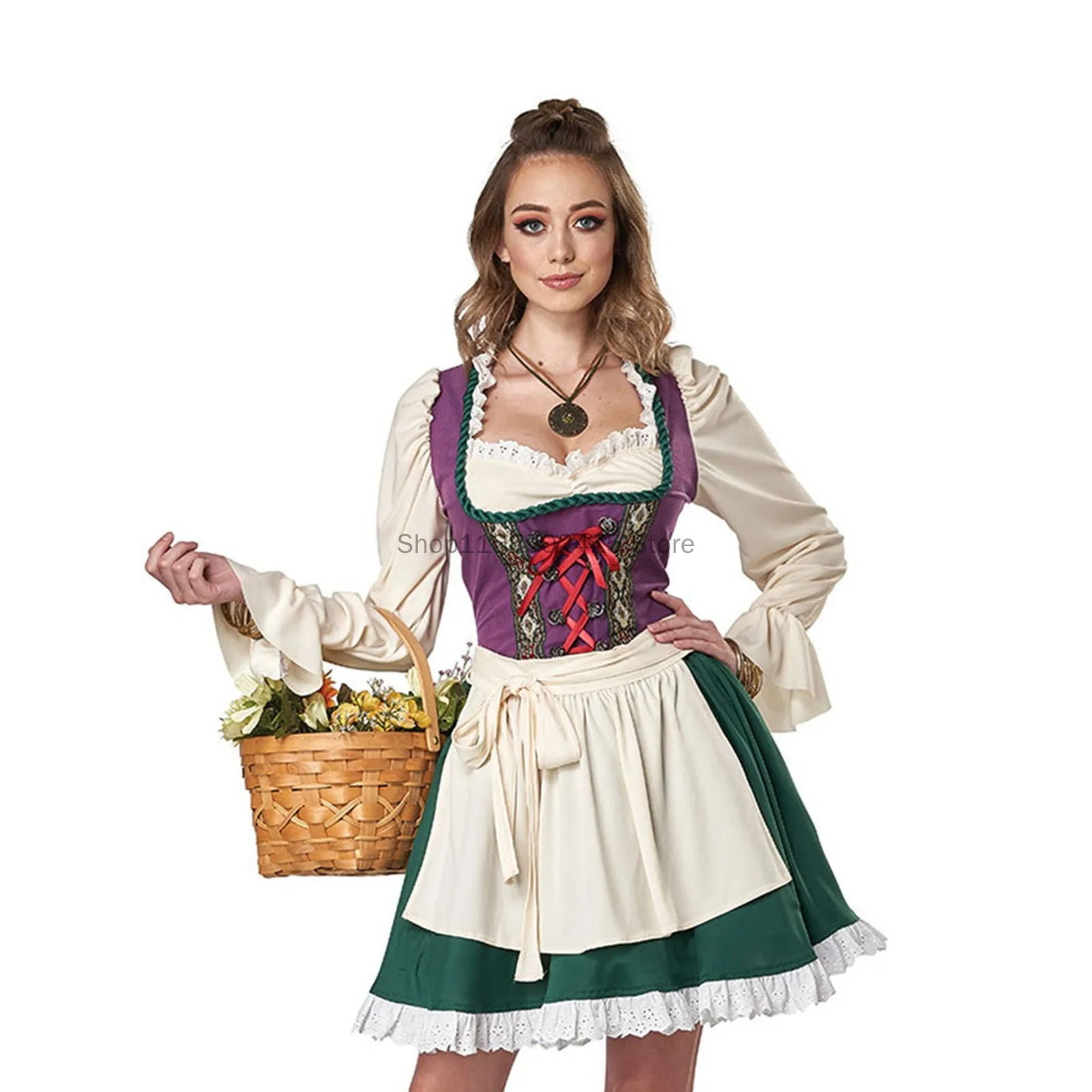 Wirndra - Dirndl Dames Jurk met Lange Mouwen, Schort en Vetersluiting