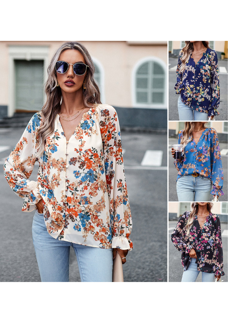 Tavirea - Dames Blouse met Bloemenprint, Lange Mouw, V-Hals, Casual Pasvorm