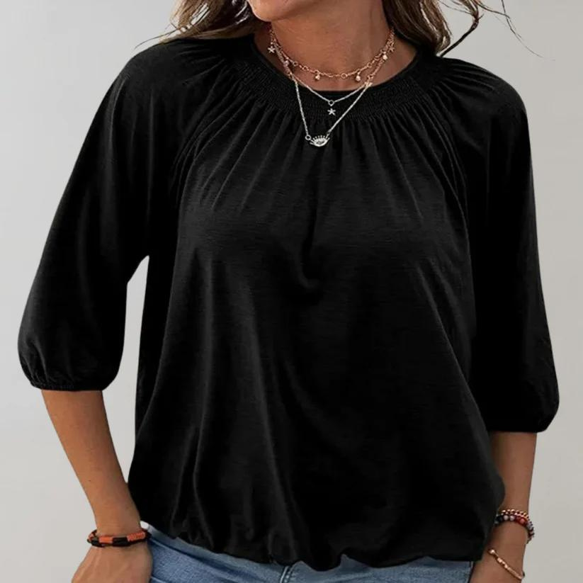 Zaniela - Dames Top met 3/4 Mouwen en Gerimpelde Halslijn, Relaxte Pasvorm, Casual Stijl