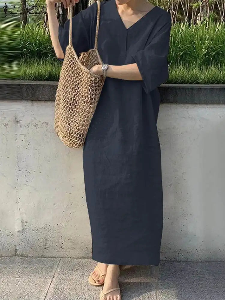 MonAmi® elegante v-hals kaki met fleece linnen jurk