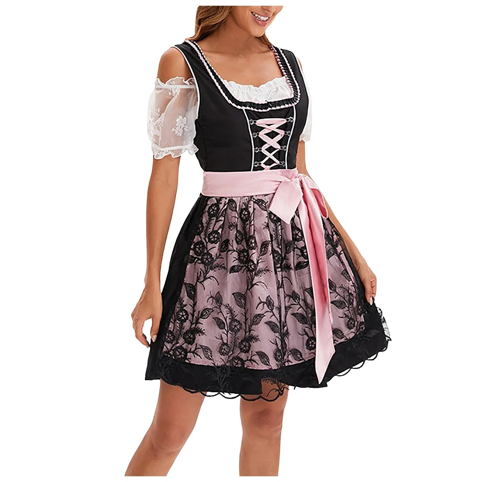 Nilendi - Dirndl Dames Jurk met Korte Mouwen en Traditionele Bloemenprint