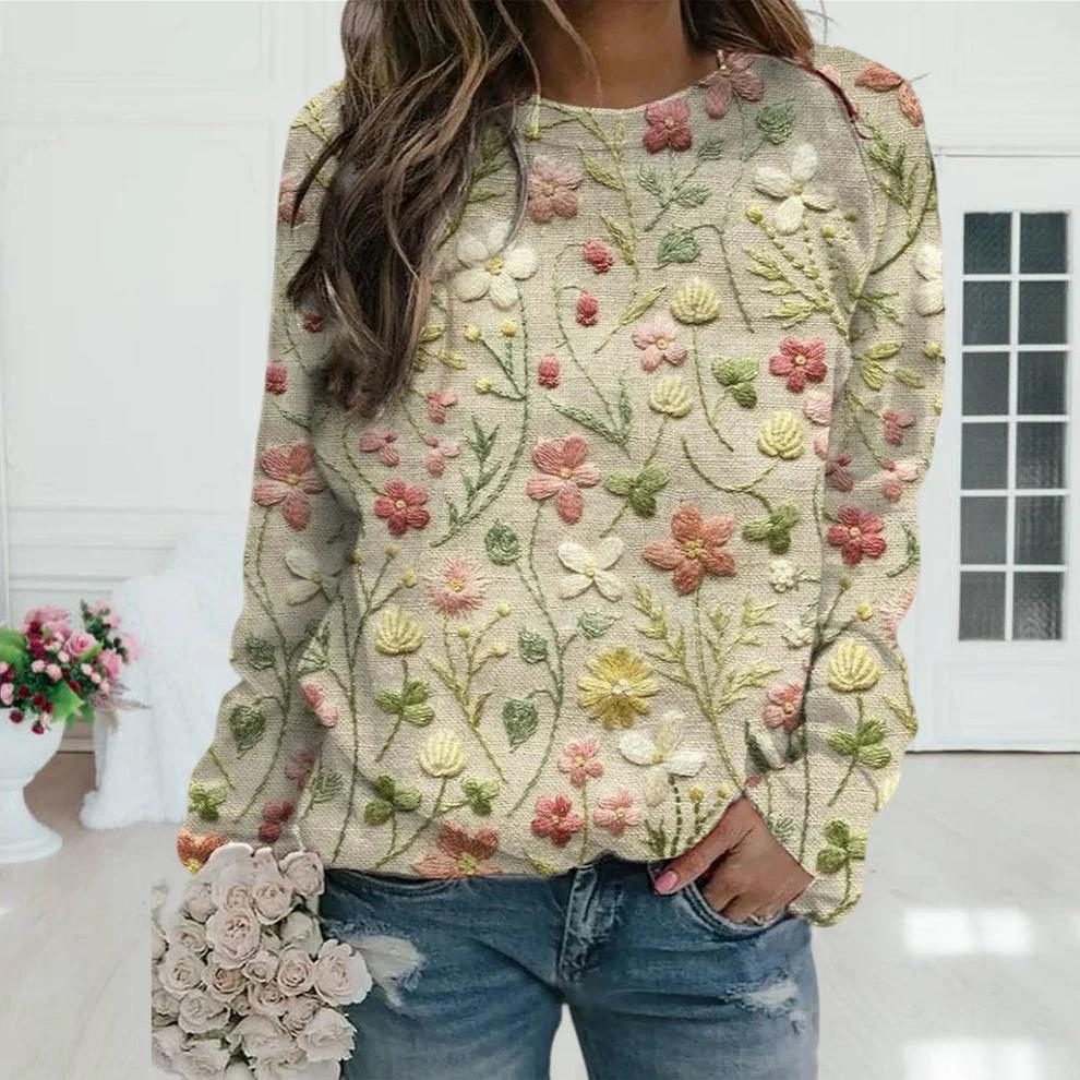 FemLuxe - Dames Geborduurde Bloementrui – Elegante Lange Mouwen Pullover