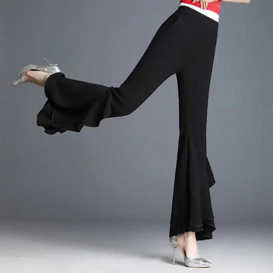 Relvion - Flared Broek Dames Hoog Gesneden Elegante Kant Afwerking Bell Bottoms