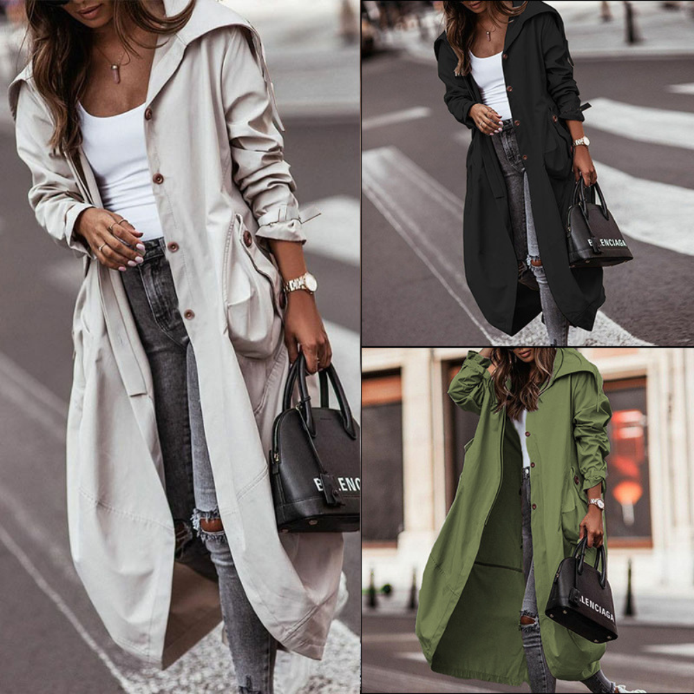 Evasiel - Trenchcoat Dames met Capuchon, Lange Oversized, Casual Damesjas