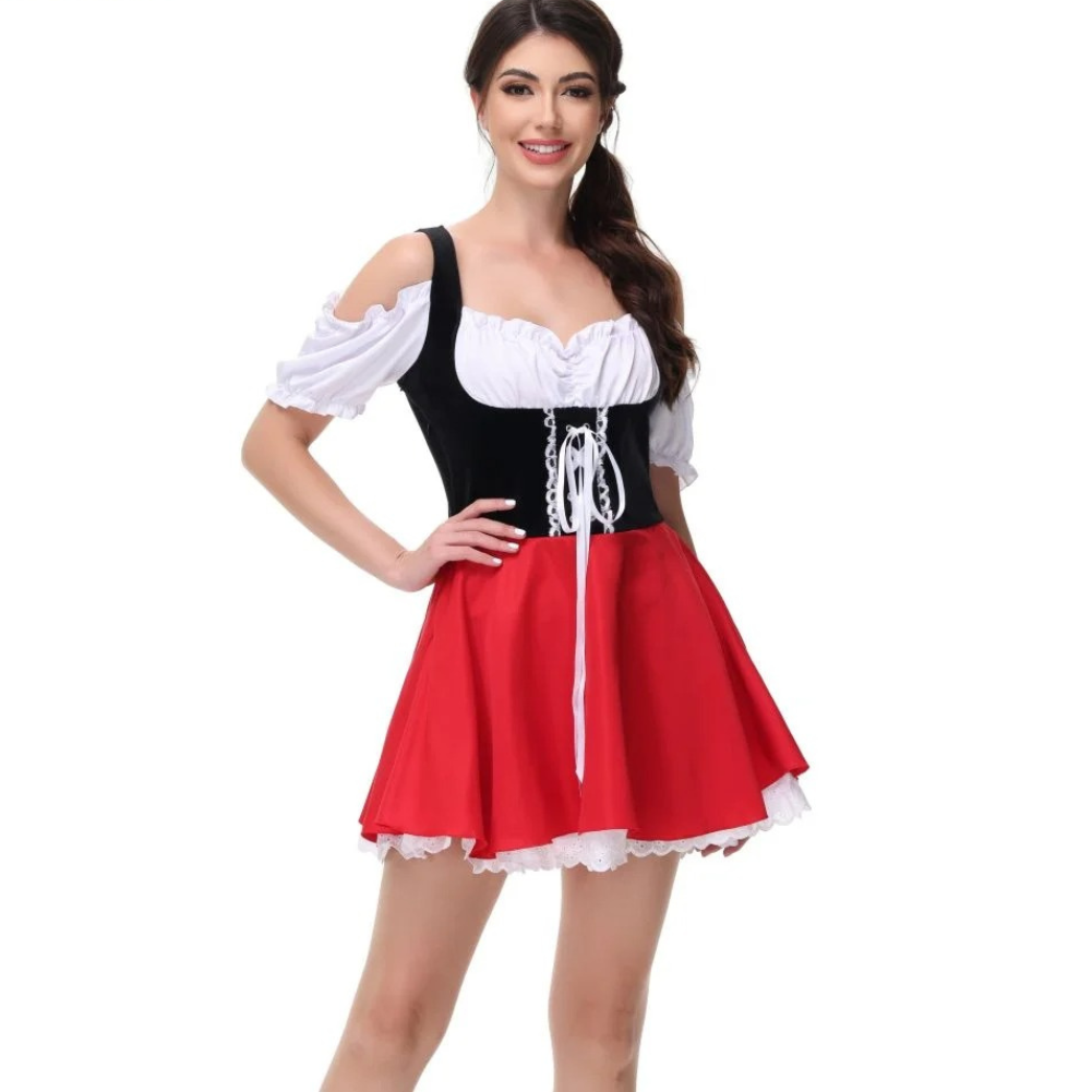 Pirndel -Dirndl Dames Jurk met Geruit Detail en Striksluiting Schort