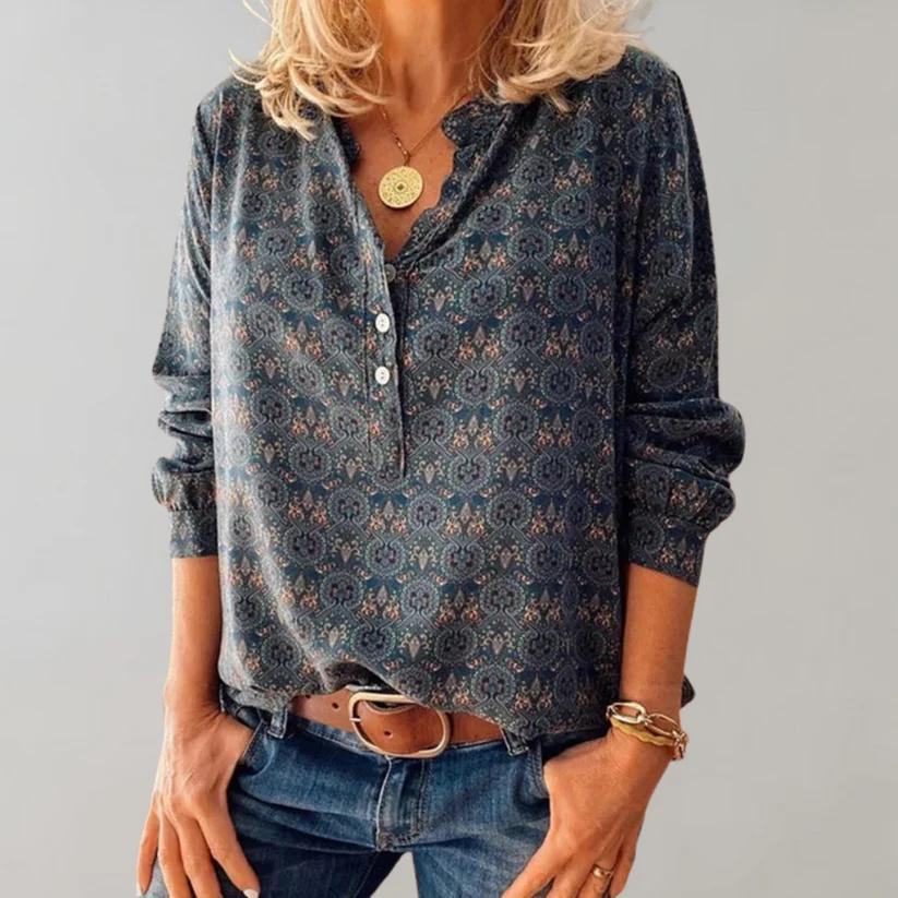 Solvane - Dames Henley Top met Print, Knopen Voor, Lange Mouwen, Comfortabele Stijl