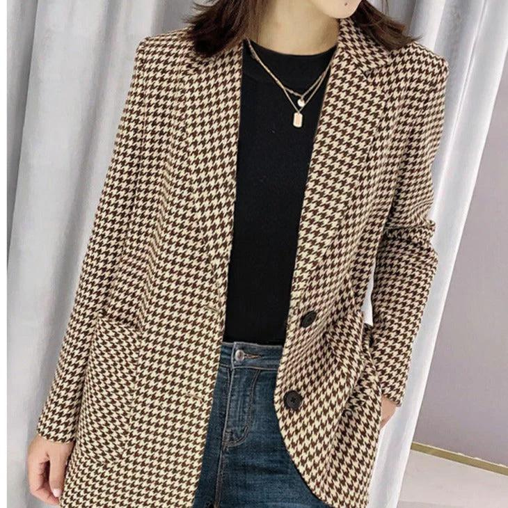 Elorina - Dames Houndstooth Blazer met Riem, Lange Mouw, Getailleerde Pasvorm