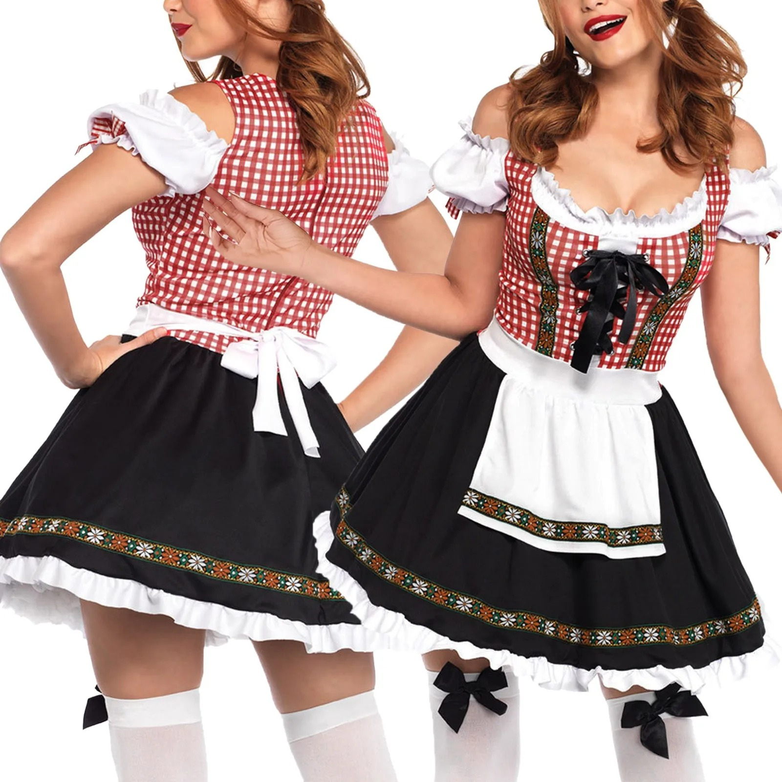 Jindera - Dirndl Dames Jurk met Geruite Top, Schort en Ruches