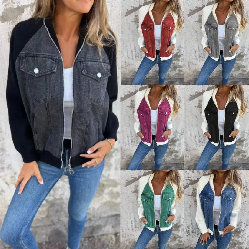 Zenvira - Denim Bomberjack Dames - Casual Jas met Contrasterende Mouwen en Zakken