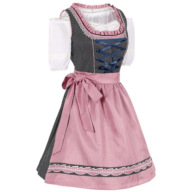 Gindral - Dirndl Dames Jurk met Ruches, Schort en Vetersluiting