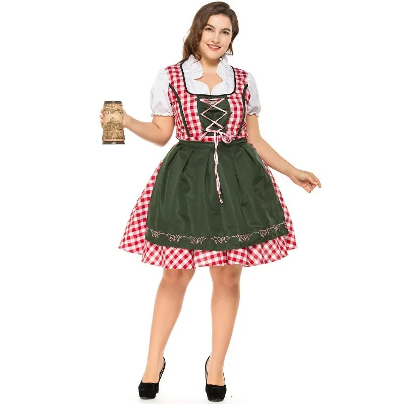 Kirdira - Dirndl Dames Geruite Jurk met Schort en Kanten Details