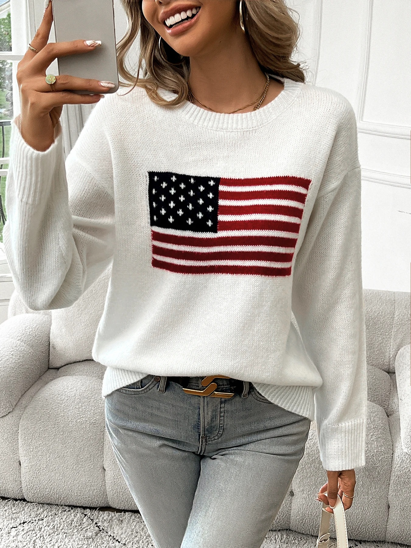 Echtely - Casual Gebreide Trui Met Amerikaanse Vlagprint – Dames Trui