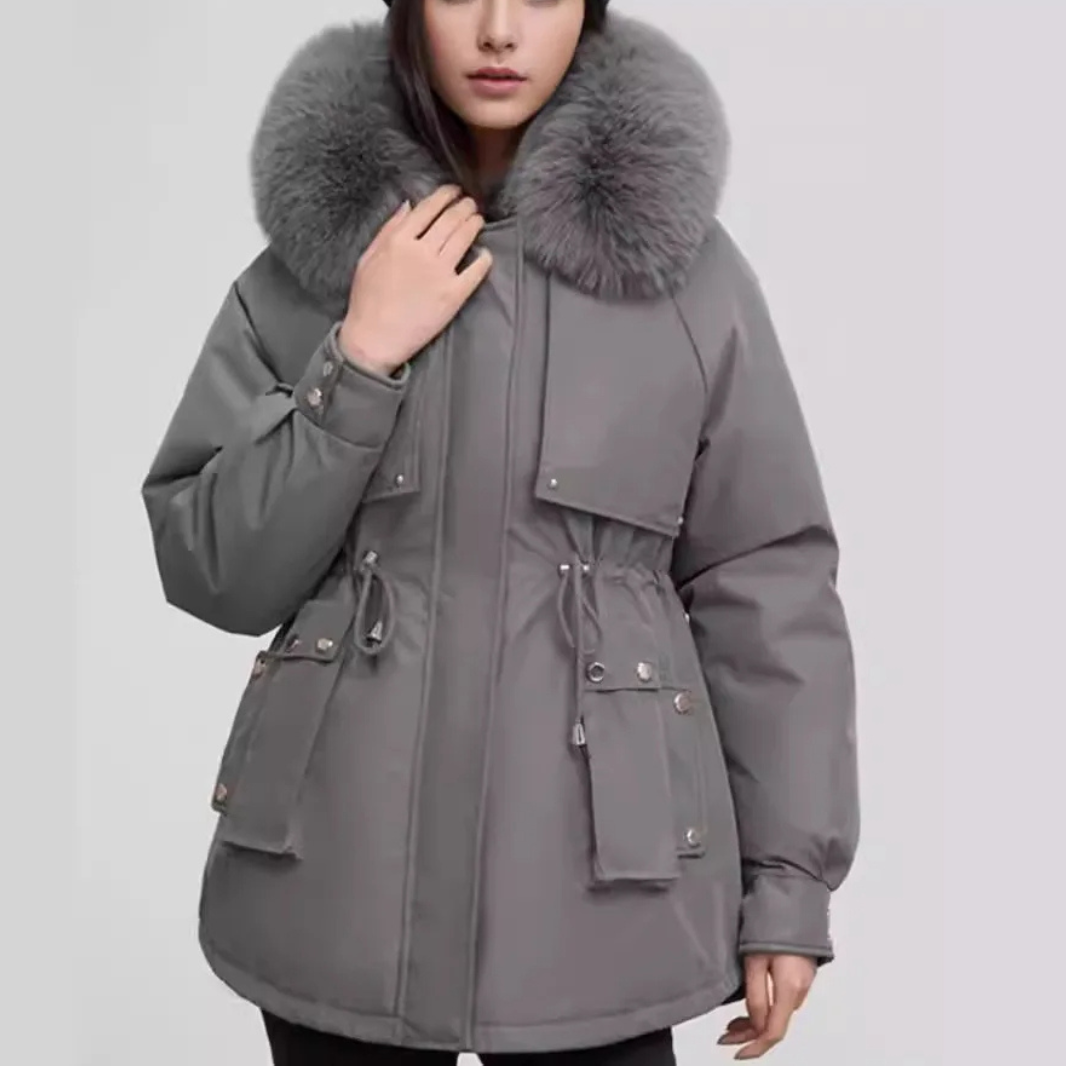 MonAmi effen kleur bontkraag parka winterjas dames