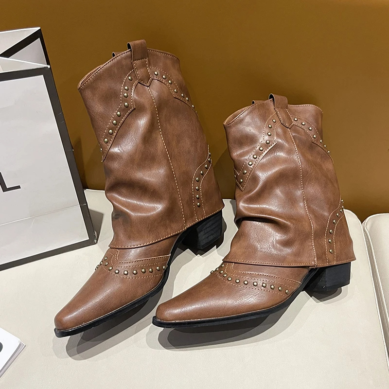 Estheta - Western Enkelboots met Studs en Puntige Neus - Cowboy Laarzen Dames