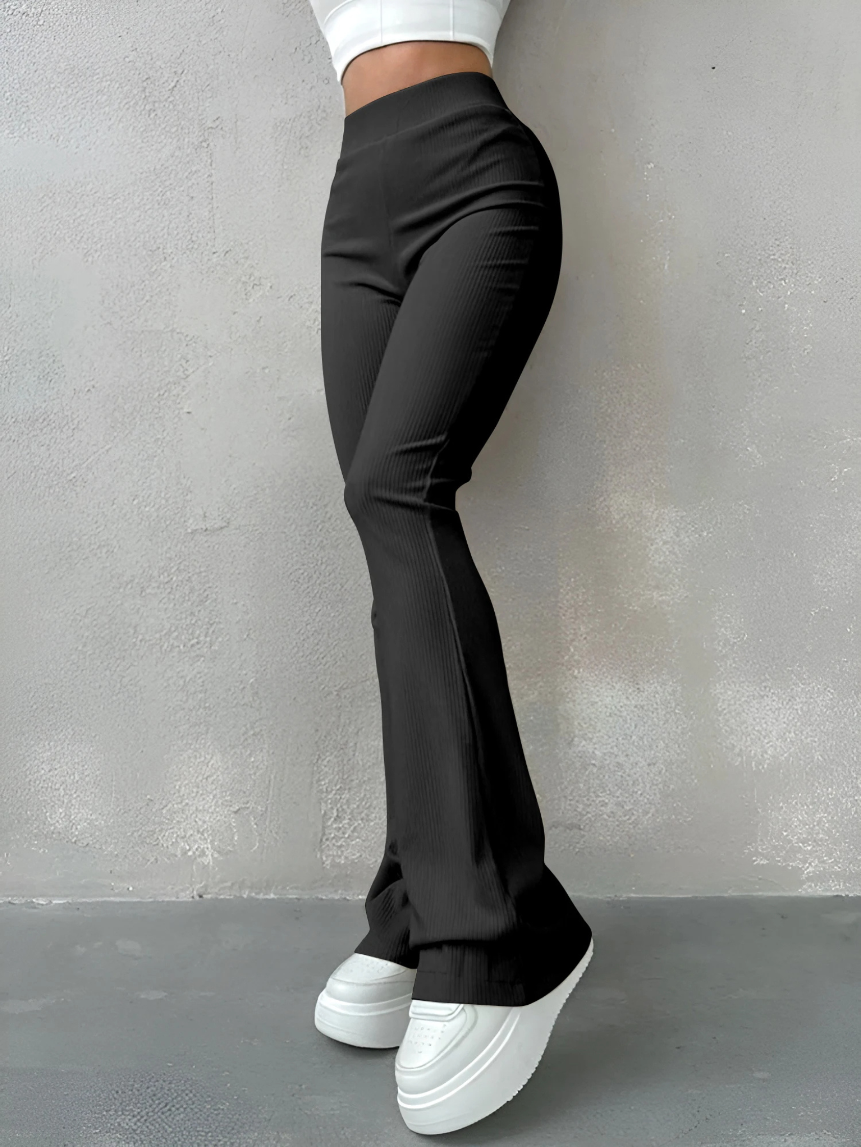 Selvara - Flared Broek Dames Hoge Taille Geribbelde Stretch Uitlopende Pijpen