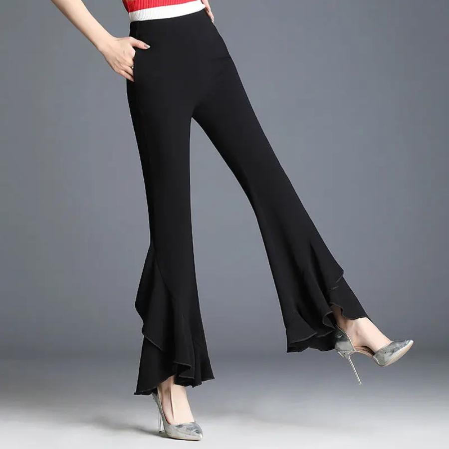 Relvion - Flared Broek Dames Hoog Gesneden Elegante Kant Afwerking Bell Bottoms