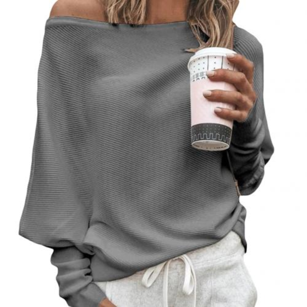 Knitara - Stijlvolle Dames Off-Shoulder Trui, Geribbelde Stof, Relaxte Pasvorm Top