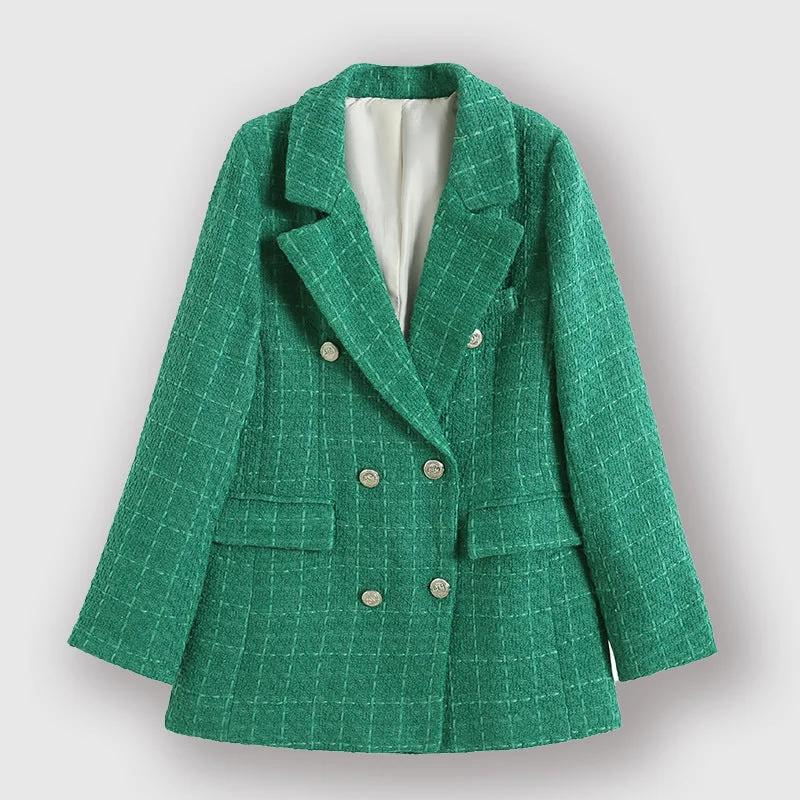 Rovelle - Dames Dubbelrijige Tweed Blazer, Reverskraag, Knoopdetails