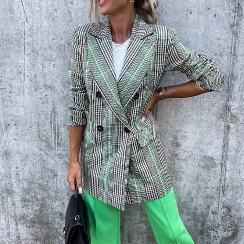 Lanelle - Dames Geruite Dubbelrijige Blazer, Lange Mouw, Oversized Pasvorm