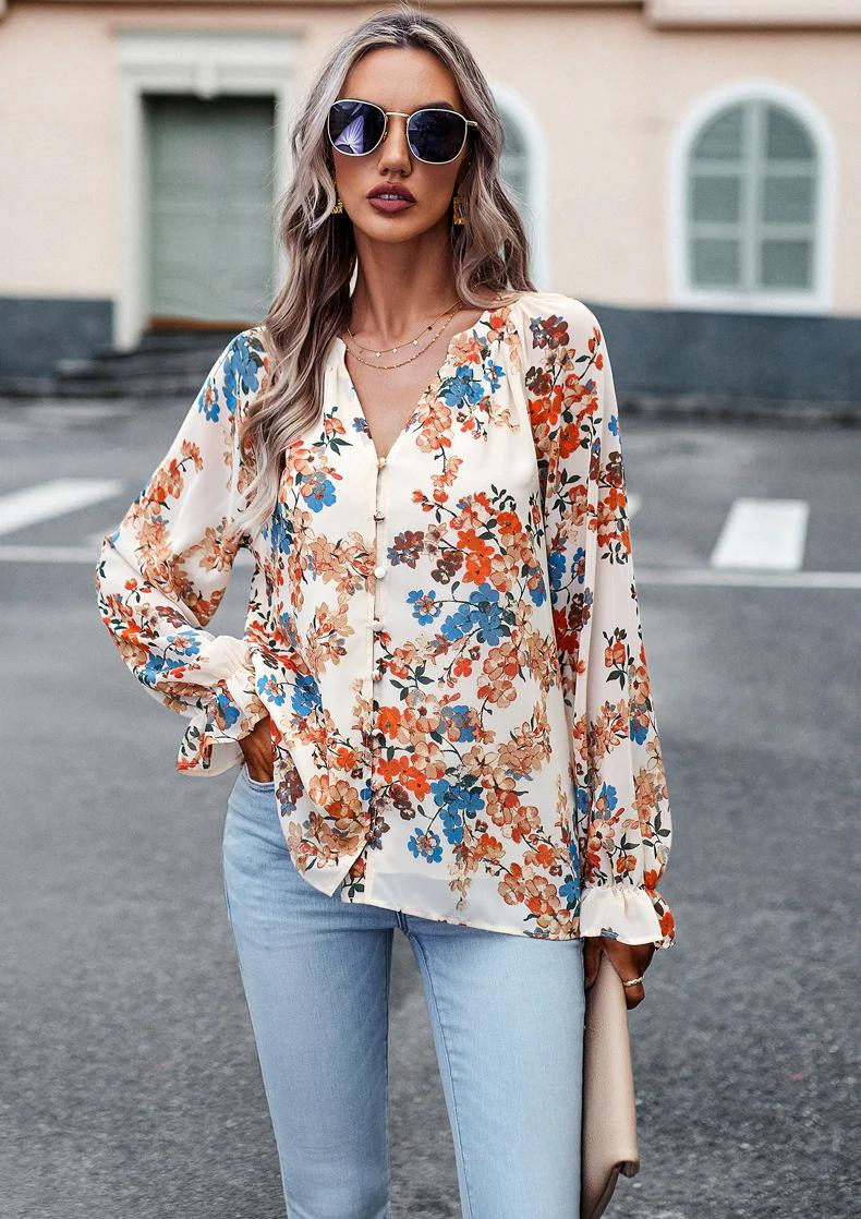 Tavirea - Dames Blouse met Bloemenprint, Lange Mouw, V-Hals, Casual Pasvorm