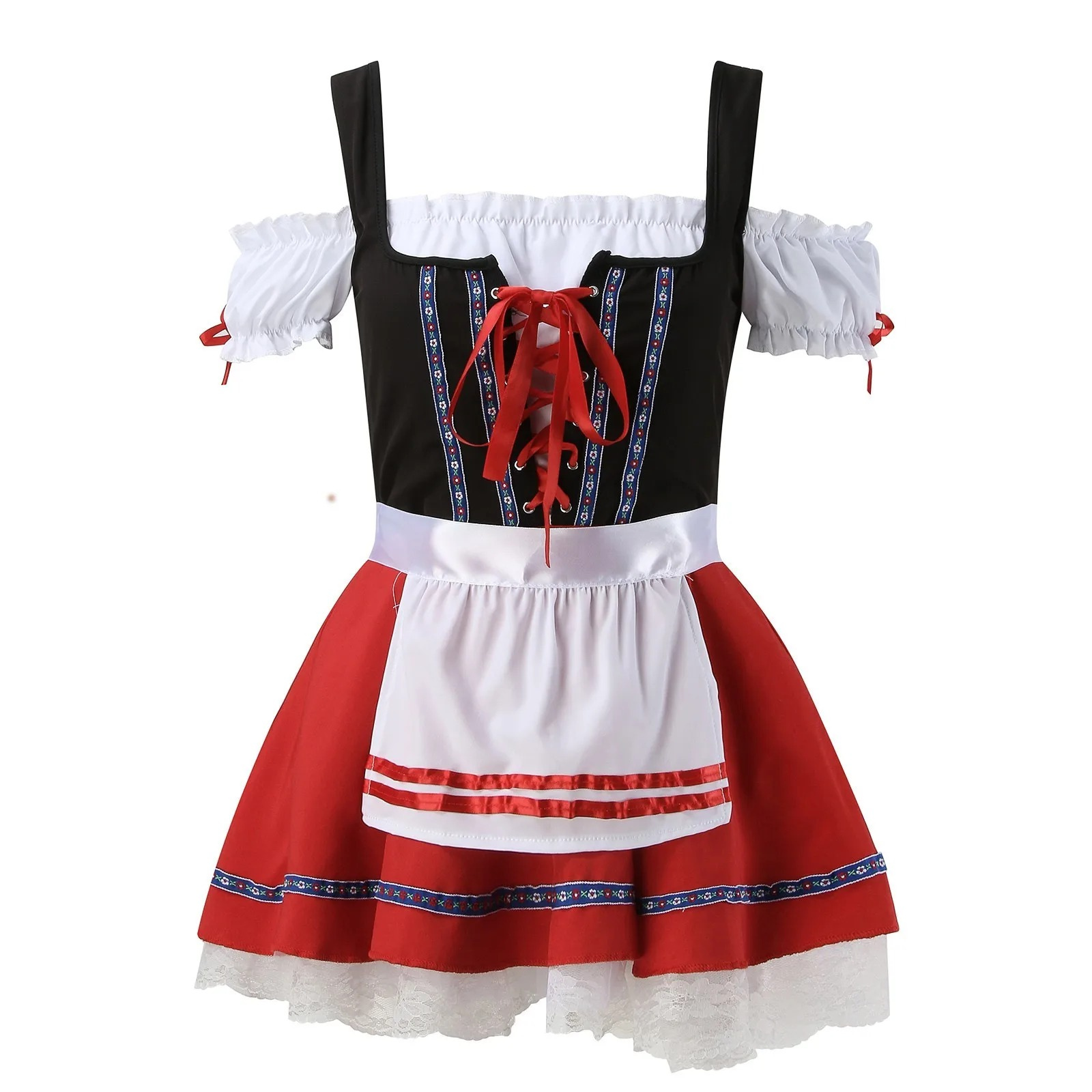 Qindela - Dirndl Dames Korte Jurk met Schort en Open Schouder Ontwerp