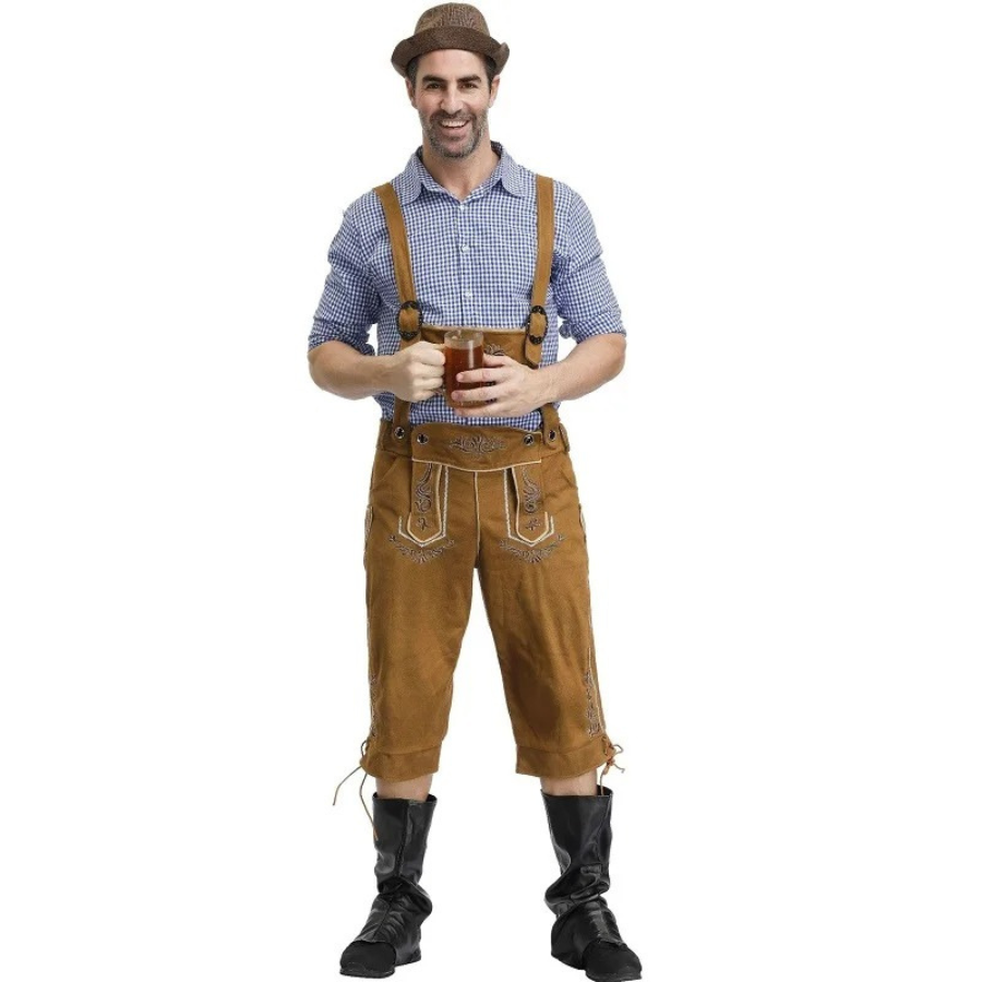 HerHoe - Traditionele Heren Lederhosen met Bretels en Shirt - Feestkleding