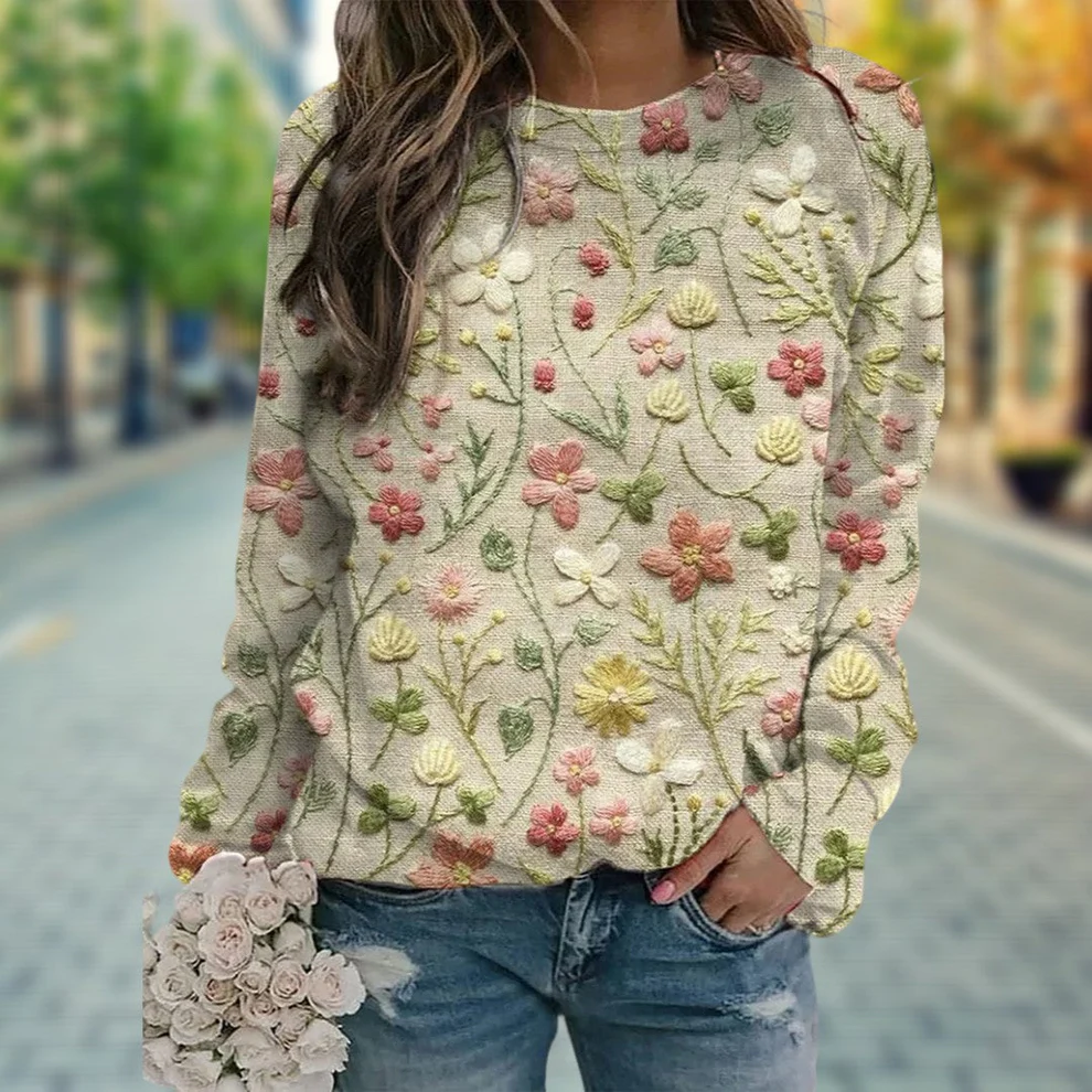 FemLuxe - Dames Geborduurde Bloementrui – Elegante Lange Mouwen Pullover