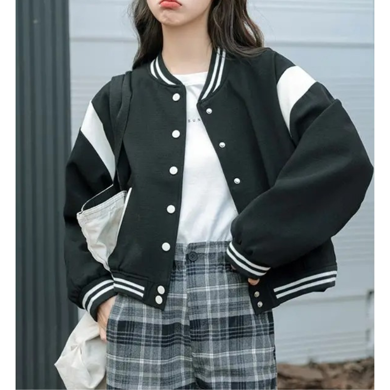 Marlena - Retro Varsity Bomberjack Dames - Casual Jas met Drukknoopsluiting en Gestreepte Boorden