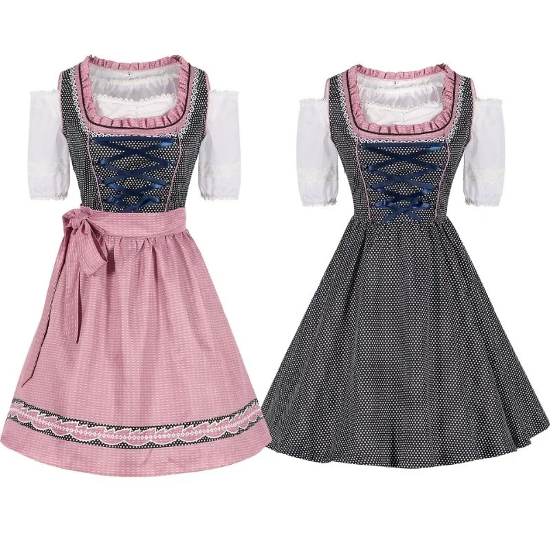 Gindral - Dirndl Dames Jurk met Ruches, Schort en Vetersluiting