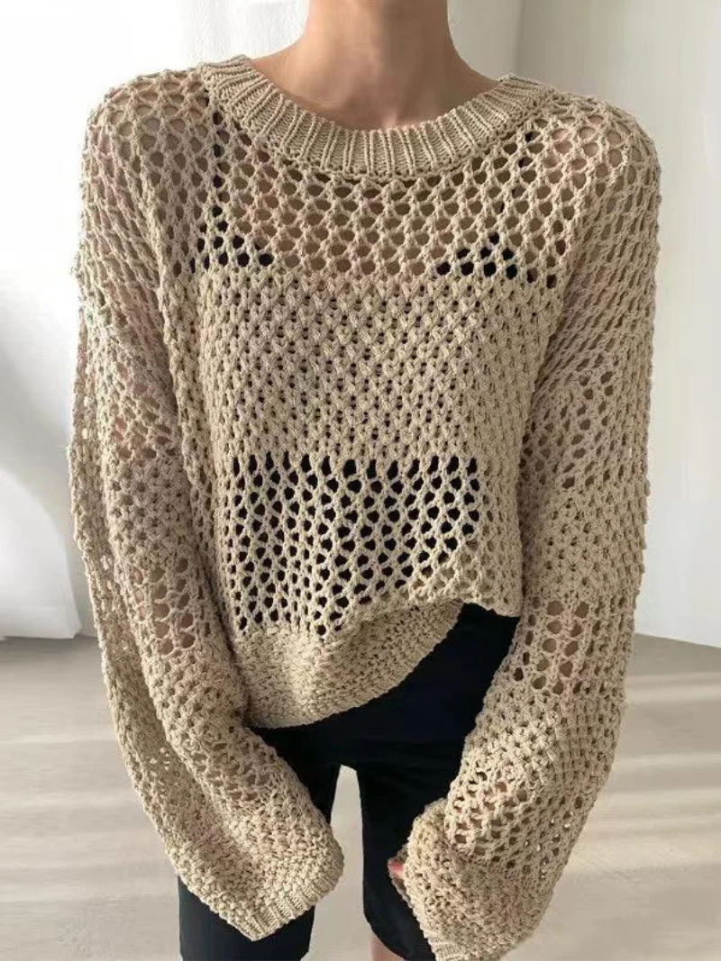 Knittie - Dames Open Gebreide Trui – Lichte Gehaakte Pullover