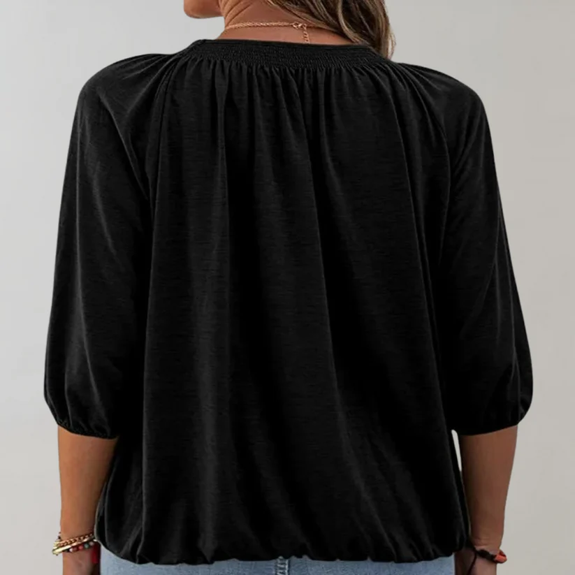 Zaniela - Dames Top met 3/4 Mouwen en Gerimpelde Halslijn, Relaxte Pasvorm, Casual Stijl