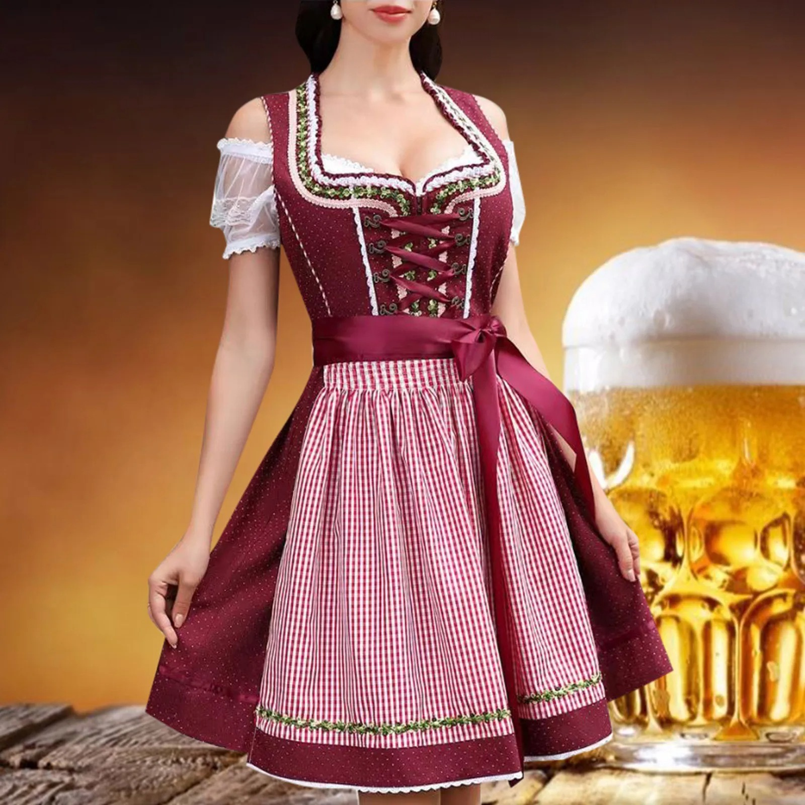 Bindrol - Dirndl Dames Jurk voor Feesten met Vetersluiting en Strikdetail