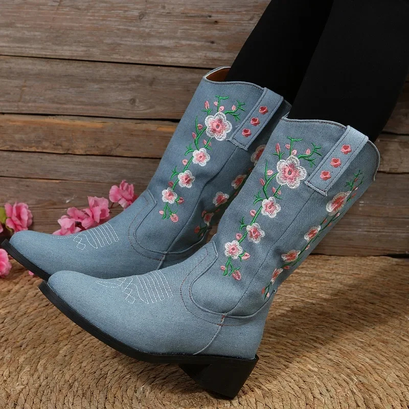 Comfort - Stijlvolle Denim Western Laarzen met Bloemendesign & Comfortabele Pasvorm - Cowboy Laarzen Dames